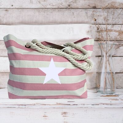 White Star Pink Striped Nautical Beach Bag Shopper aus 100 % Baumwollsegeltuch
