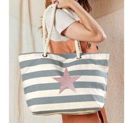 Rose Gold Star Grey Striped Nautical Beach Bag 100% Cotton Canvas Shoppers