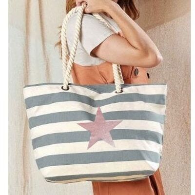 Rose Gold Star Grey Striped Nautical Beach Bag 100% Cotton Canvas Shoppers