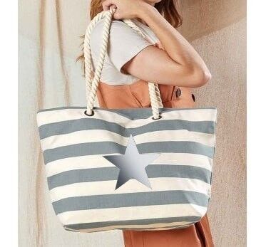Silver Star Grey Striped Nautical Beach Bag Shopper aus 100 % Baumwollsegeltuch