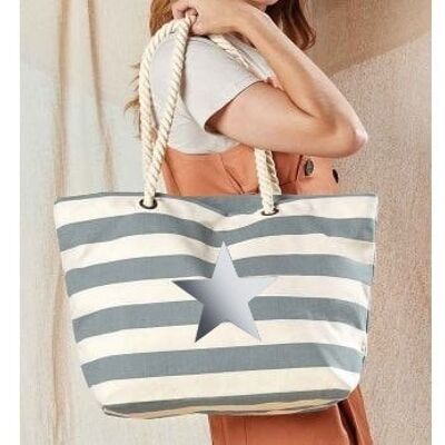 Silver Star Grey Striped Nautical Beach Bag Shopper aus 100 % Baumwollsegeltuch