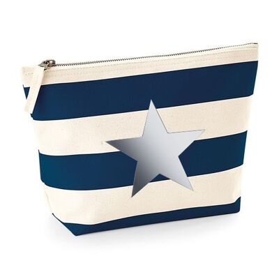 Borsa con cerniera per accessori in cotone pettinato 100% nautico a righe blu navy stella d'argento