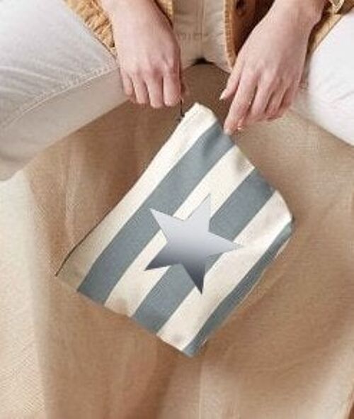 Silver Star Grey Striped Nautical 100% Brushed Cotton Accessory Zip Bag