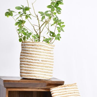 Artisanal Weave Stripped Jute Planters- (Ensemble de 4 jardinières), Bohemian Planters, Pots écologiques