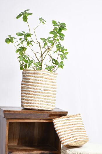 Artisanal Weave Stripped Jute Planters- (Ensemble de 4 jardinières), Bohemian Planters, Pots écologiques 1