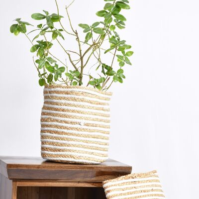 Artisanal Weave Stripped Jute Planters- (Set of 4 Planters), Bohemian Planters, Eco-friendly Pots