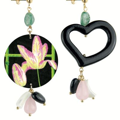 Farbige Juwelen ideal für den Sommer. Mix & Match Damenohrringe The Circle Classic Pink Green Flower. Hergestellt in Italien