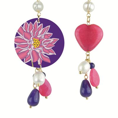 Farbige Juwelen ideal für den Sommer. Mix & Match The Circle Damenohrringe mit kleinen rosafarbenen Blumen. Hergestellt in Italien