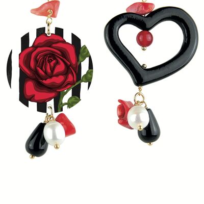 Boucles d'Oreilles Femme Mix & Match Le Cercle Petite Ligne Rose Noir et Blanc en Laiton et Pierres Naturelles Made in Italy