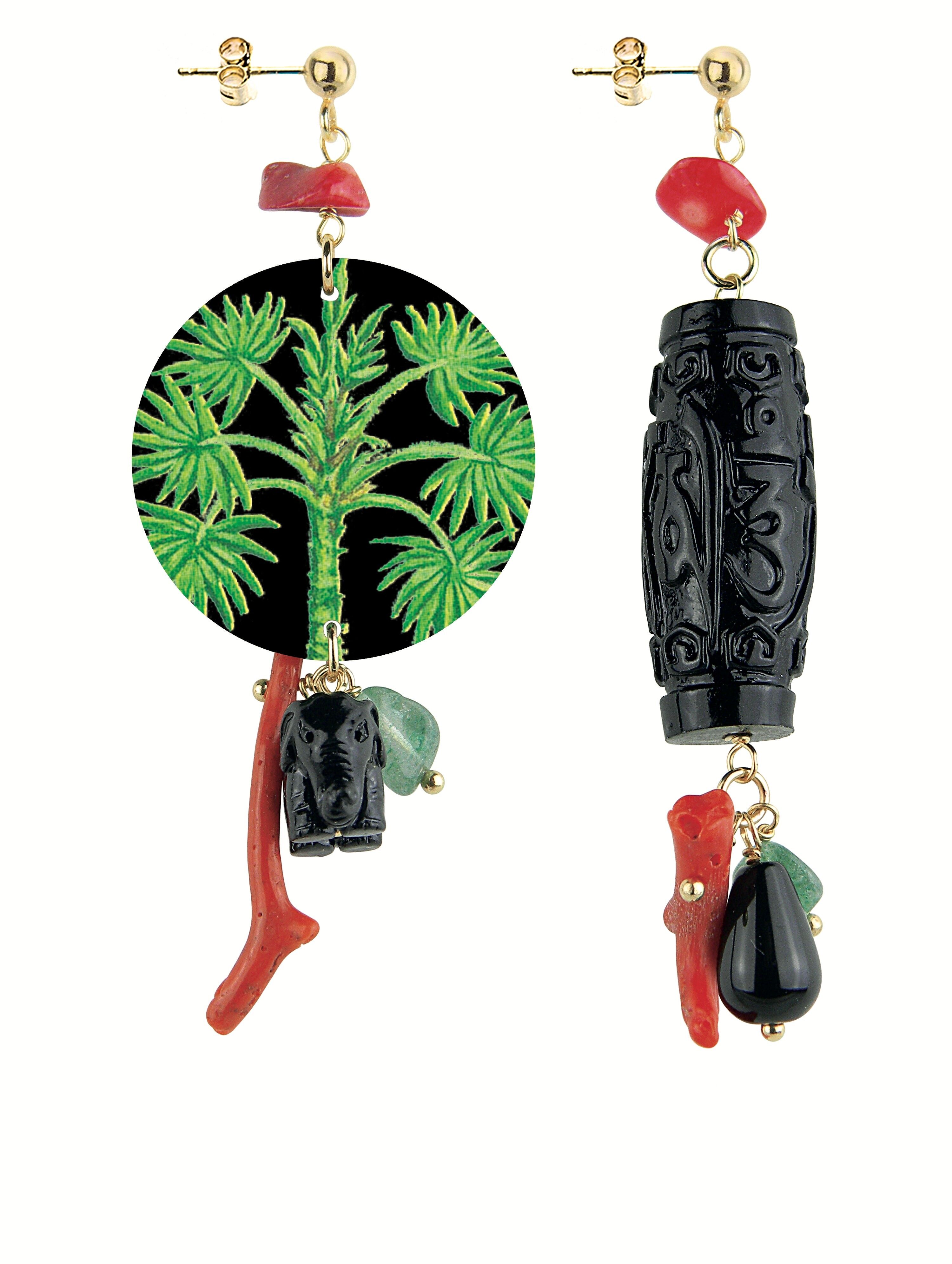 Orecchini Donna Mix & Match The Circle Piccolo Palma Fondo Nero in Ottone e Pietre Naturali Made in Italy