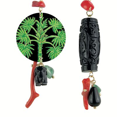 Women's Earrings Mix & Match The Circle Small Palm Tree Black Background in Brass and Natural Stones Made in Italy
