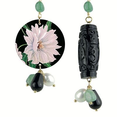 Mix & Match The Circle Women's Earrings Small White Flower in Brass and Natural Stones Made in Italy