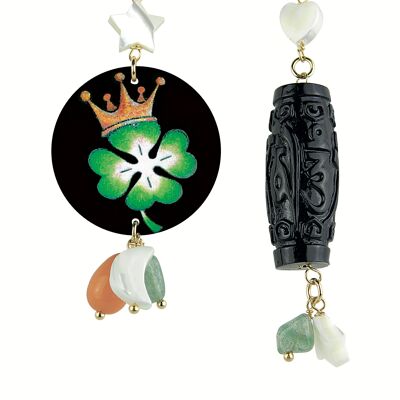 Mix & Match Damenohrringe The Circle Small Four Leaf Clover Crown aus Messing und Natursteinen Made in Italy