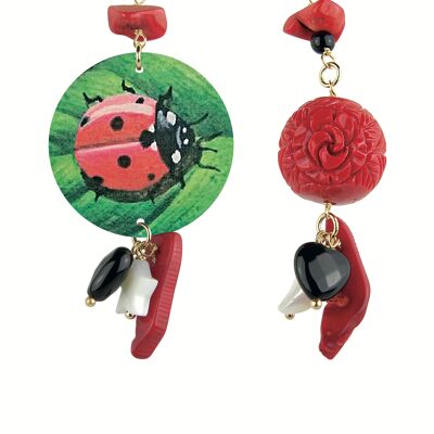 Mix & Match The Circle Small Ladybug Women's Earrings in Brass and Natural Stones Made in Italy