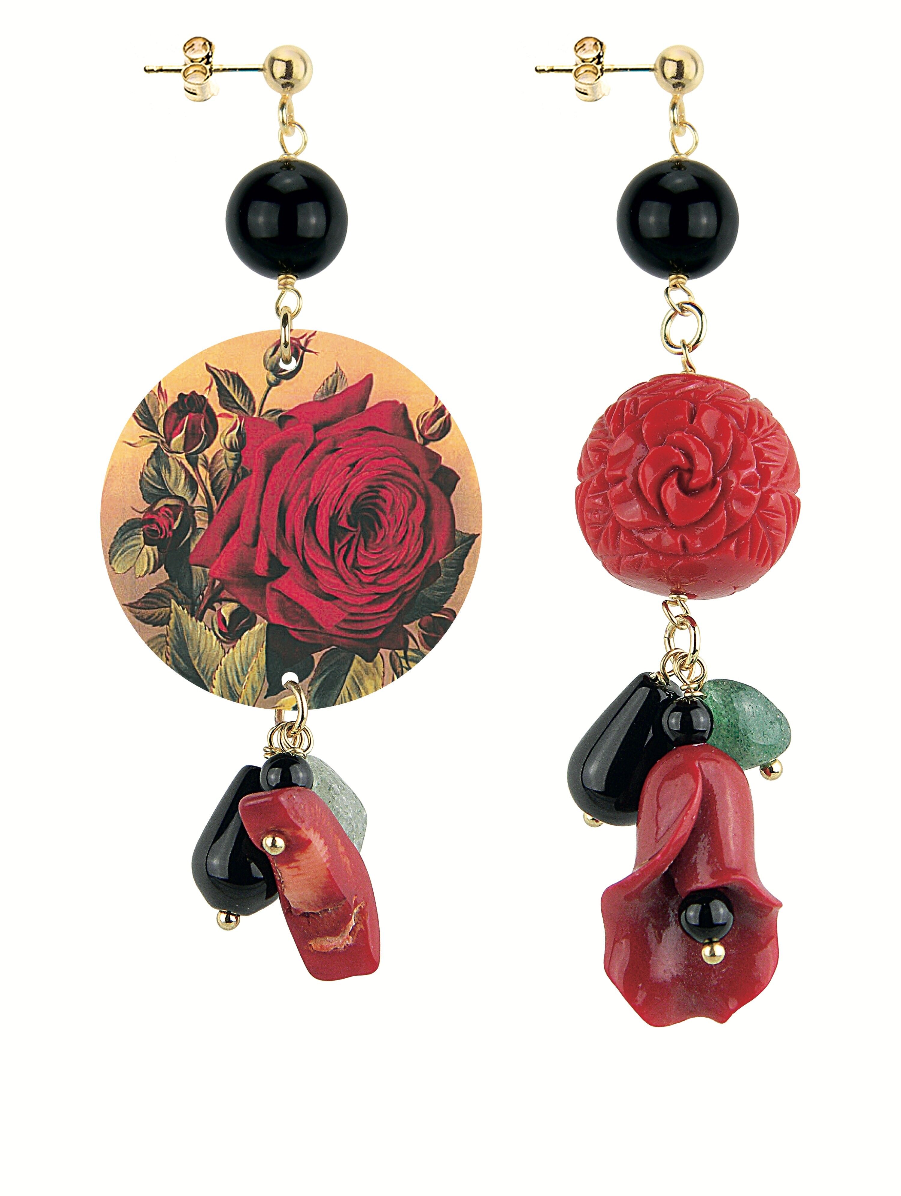 Damenohrringe Mix & Match The Circle Small Pink Background Yellow Ball aus Messing und Natursteinen Made in Italy