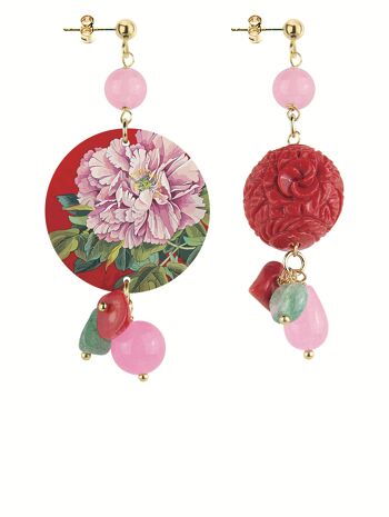 Mix & Match Boucles d'Oreilles Femme Le Cercle Petite Fleur Rose Fond Rouge en Laiton et Pierres Naturelles Made in Italy