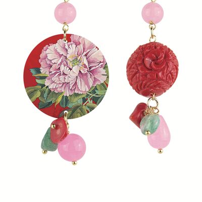 Mix & Match Women's Earrings The Circle Small Pink Flower Red Background in Brass and Natural Stones Made in Italy