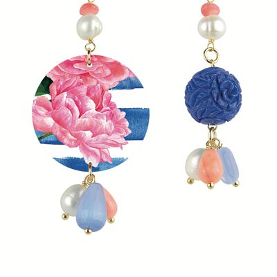 Women's Earrings Mix & Match The Circle Small Blue Line Flower in Brass and Natural Stones Made in Italy