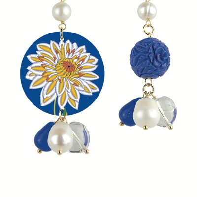 Mix & Match Women's Earrings The Circle Small Yellow Flower Blue Background in Brass and Natural Stones Made in Italy