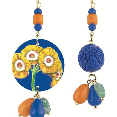 Women's Earrings Mix & Match The Circle Small Yellow Flowers in Brass and Natural Stones Made in Italy
