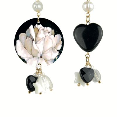 Mix & Match The Circle Women's Earrings Small White Flower with Black Background in Brass and Natural Stones Made in Italy
