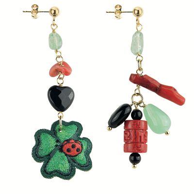 Women's Earrings Mix & Match The Shape Four Leaf Clover in Brass and Natural Stones Made in Italy