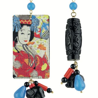 Mix & Match The Tag Red Gheisha Women's Earrings in Brass and Natural Stones Made in Italy