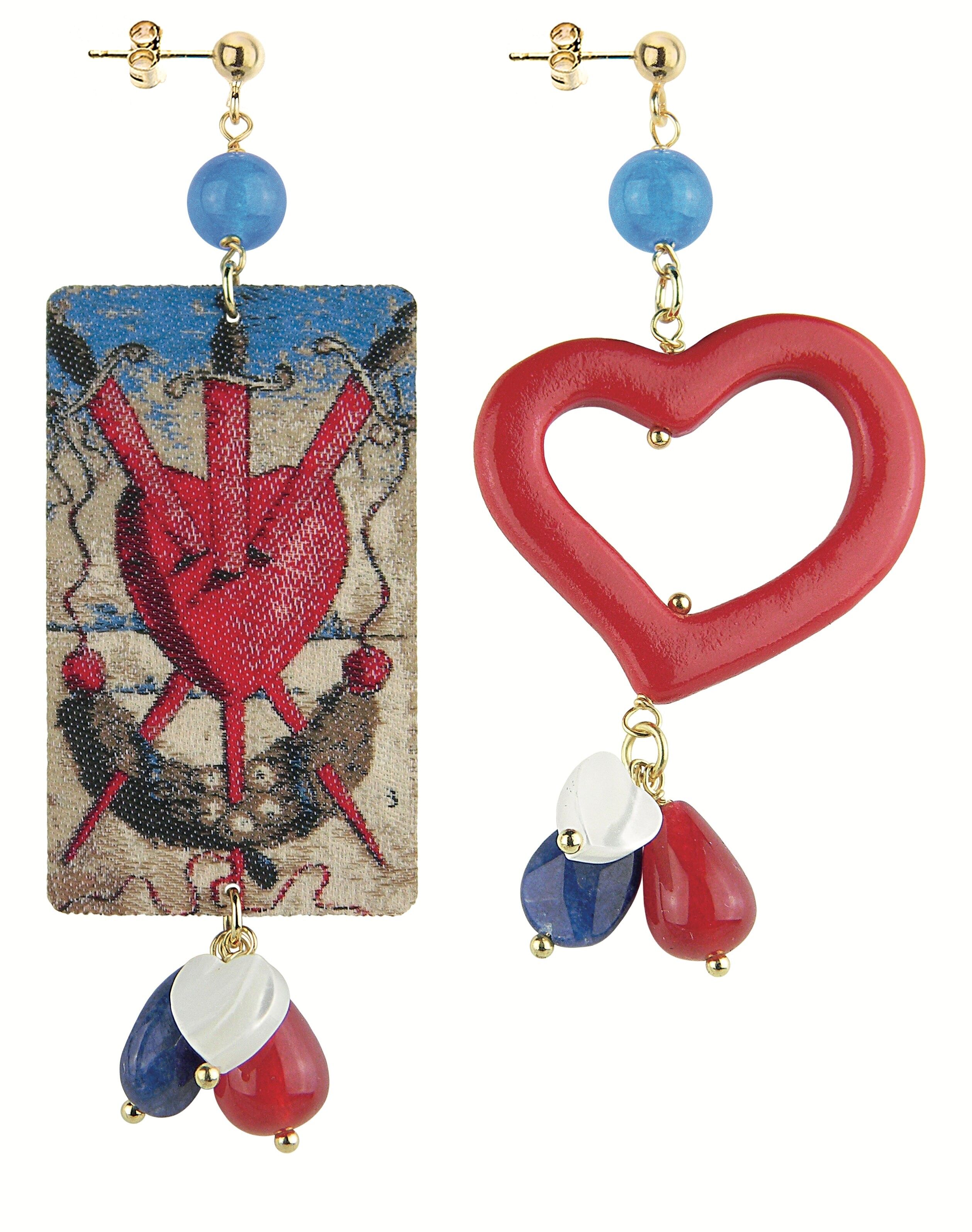Women's Earrings Mix & Match The Tag Heart With Three Swords in Brass and Natural Stones Made in Italy