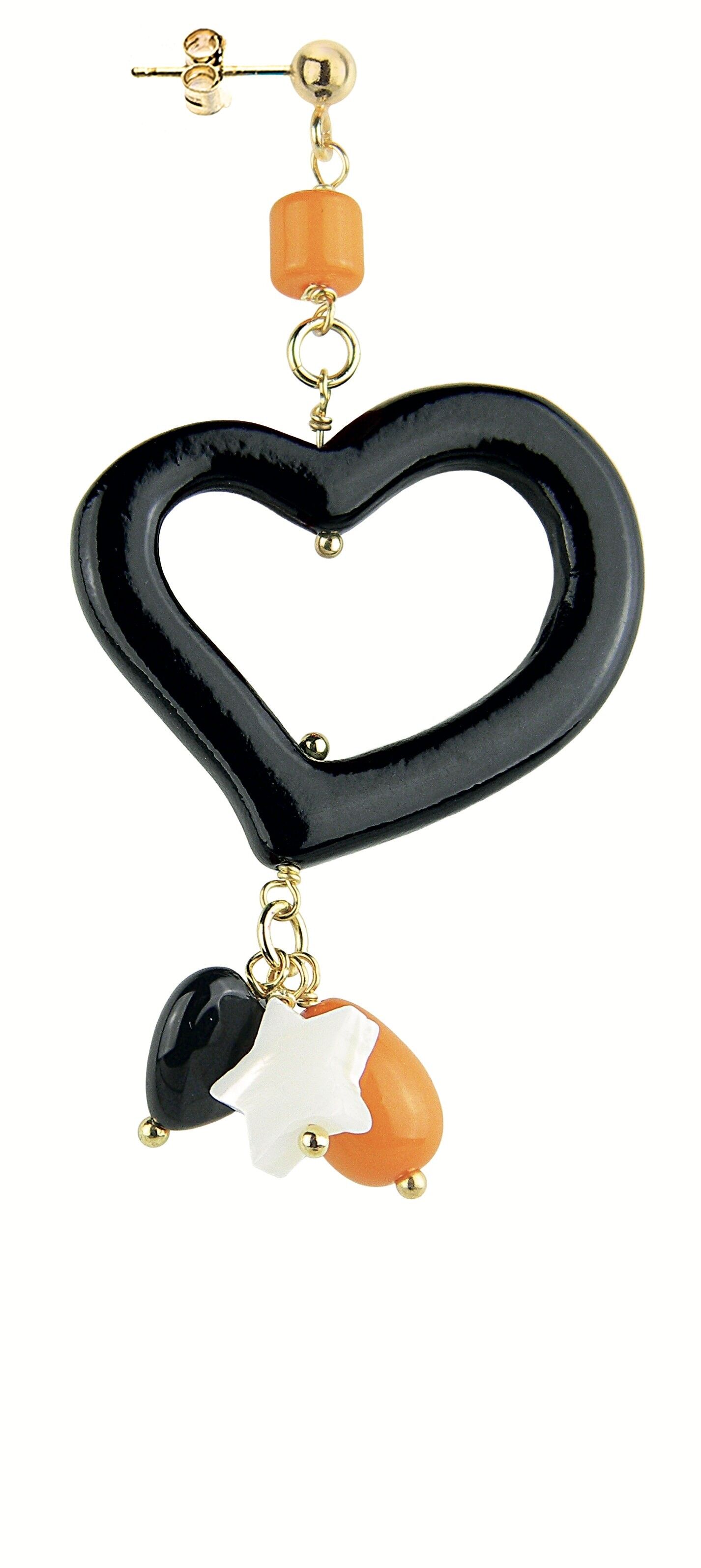 Orecchino Singolo Donna Mix & Match Cuore Nero Pietra Arancione in Ottone Pietre Naturali e Resine Made in Italy