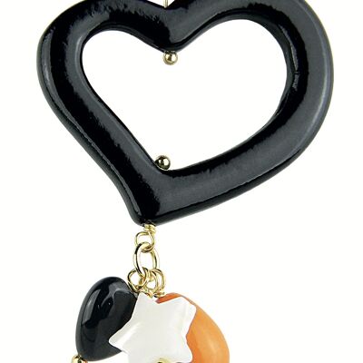 Single Woman Earring Mix & Match Black Heart Orange Stone in Brass Natural Stones and Resins Made in Italy