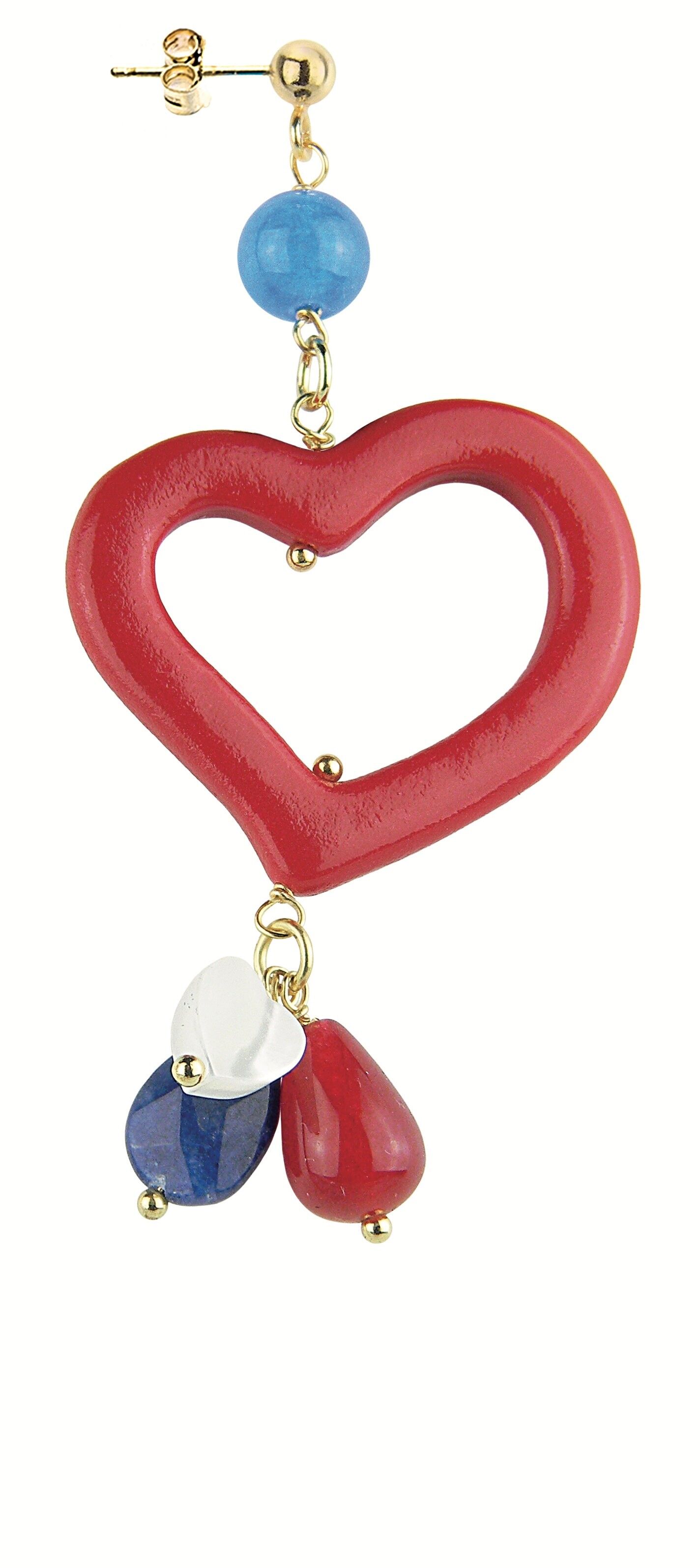 Orecchino Singolo Donna Mix & Match Cuore Rubino Pietra Azzurro in Ottone Pietre Naturali e Resine Made in Italy