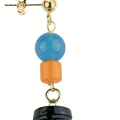 Single Woman Earring Mix & Match Black Cylinder Orange Stone in Brass Natural Stones and Resins Made in Italy