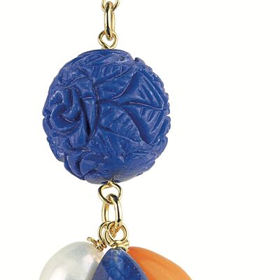 Single Woman Earring Mix & Match Blue Ball Orange Stone in Brass Natural Stones and Resins Made in Italy