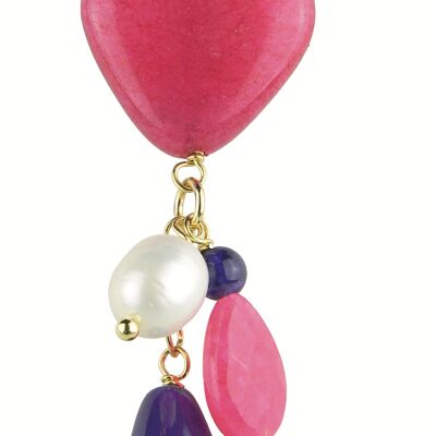 Single Woman Earring Mix & Match Fuchsia Heart Stone Pearl in Brass Natural Stones and Resins Made in Italy
