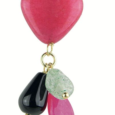 Single Woman Earring Mix & Match Fuchsia Heart Black Stone in Brass Natural Stones and Resins Made in Italy
