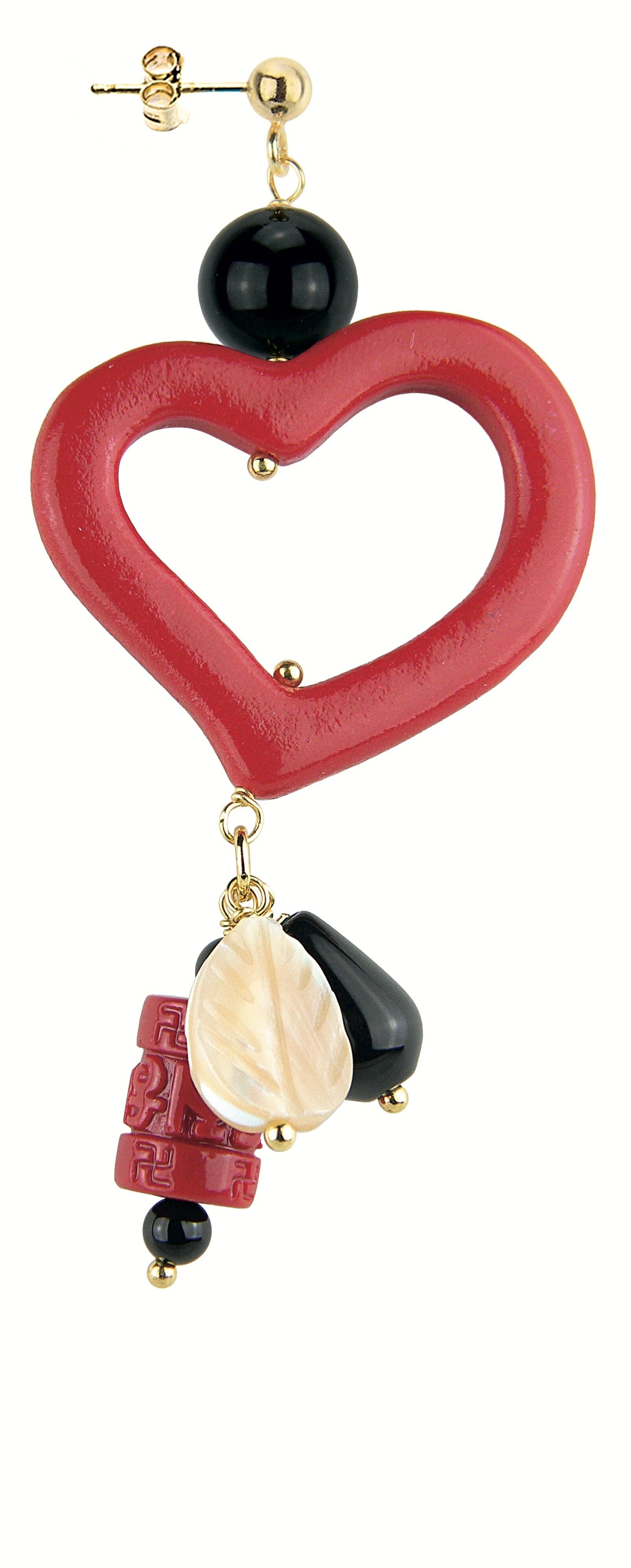 Single Woman Earring Mix & Match Red Heart Black Stone in Brass Natural Stones and Resins Made in Italy