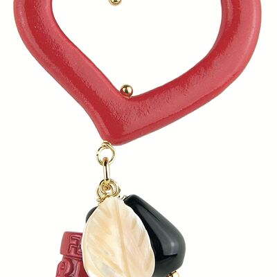 Single Woman Earring Mix & Match Red Heart Black Stone in Brass Natural Stones and Resins Made in Italy