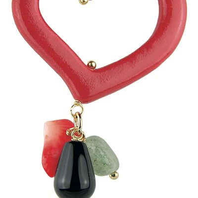 Single Woman Earring Mix & Match Red Heart Coral Stone in Brass Natural Stones and Resins Made in Italy