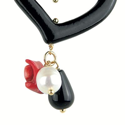 Single Woman Earring Mix & Match Black Coral Heart in Brass Natural Stones and Resins Made in Italy