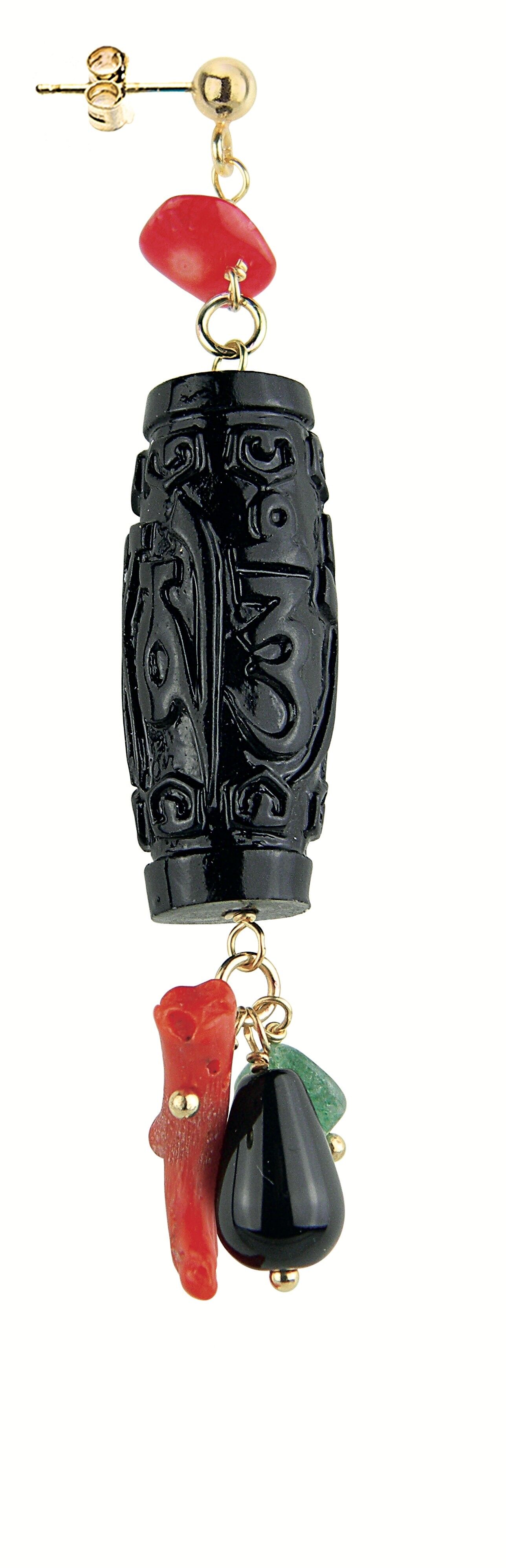 Orecchino Singolo Donna Mix & Match Cilindro Nero Corallo in Ottone Pietre Naturali e Resine Made in Italy