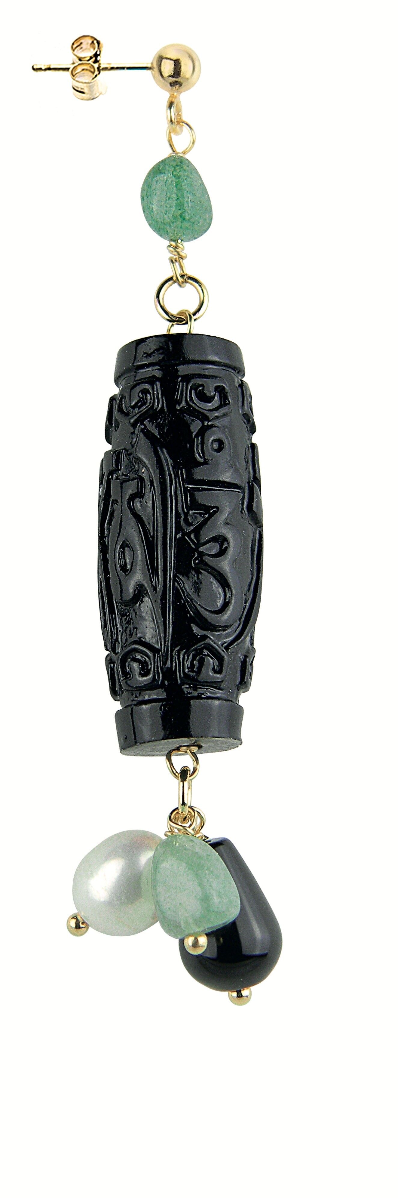 Orecchino Singolo Donna Mix & Match Cilindro Nero Verde Giada in Ottone Pietre Naturali e Resine Made in Italy