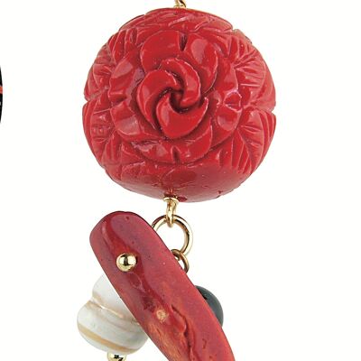 Single Woman Earring Mix & Match Ball Red Stone Black in Brass Natural Stones and Resins Made in Italy