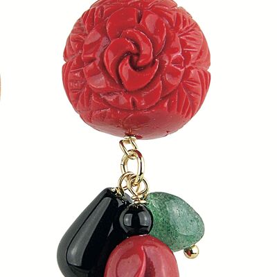Mix & Match Woman Single Earring Red Coral Stone Ball in Brass Natural Stones and Resins Made in Italy
