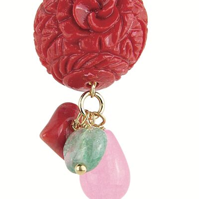 Mix & Match Woman Single Earring Red Ball Pink Stone in Brass Natural Stones and Resins Made in Italy