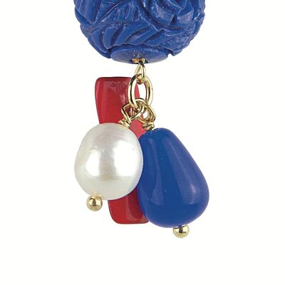 Single Woman Earring Mix & Match Coral Blue Ball in Brass Natural Stones and Resins Made in Italy
