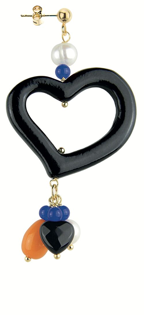 Orecchino Singolo Donna Mix & Match Cuore Nero Pietra Perla in Ottone Pietre Naturali e Resine Made in Italy