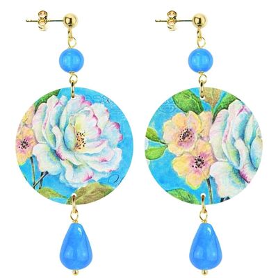 Celebrate spring with flower-inspired jewelry. Women's Earrings The Circle Small Flowers Blue Background. Made in Italy