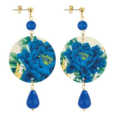 Celebre la primavera con joyas inspiradas en flores. Pendientes Mujer El Pequeño Círculo Flores Azules Fondo Claro. Hecho en Italia