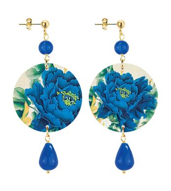 Célébrez le printemps avec des bijoux inspirés des fleurs. Boucles d'Oreilles Femme Le Petit Cercle Fleurs Bleues Fond Clair. Fabriqué en Italie