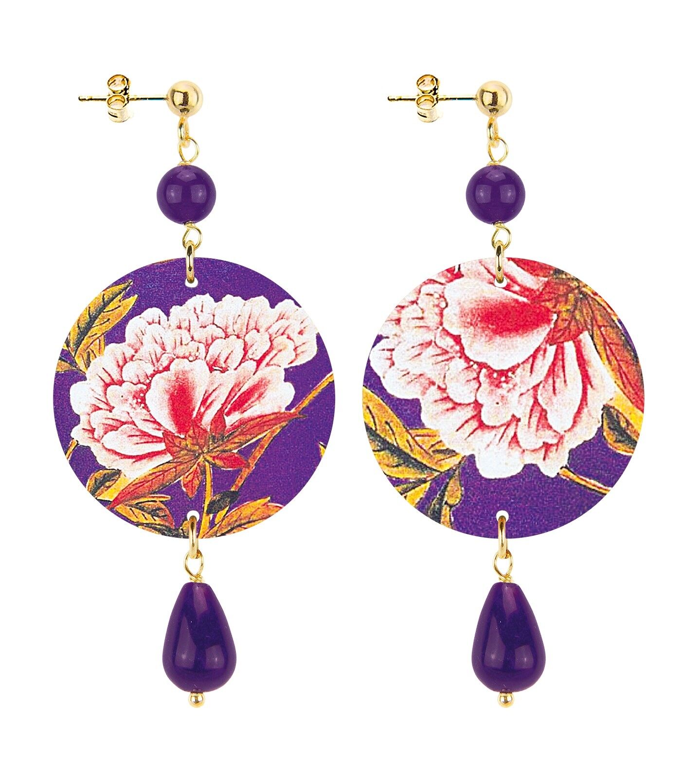 Celebra la primavera con gioielli ispirati ai fiori. Orecchini Donna The Circle Piccolo Fiore Bianco Fondo Viola. Made in Italy